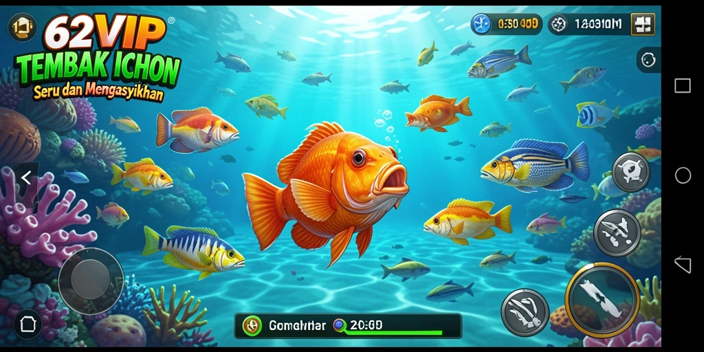 Screenshot gameplay 62VIP dengan ikan berwarna-warni dan keren.