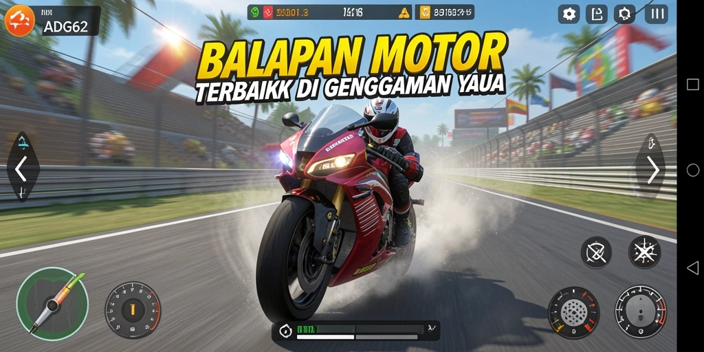 Tampilan seru gameplay balapan motor ADG62 dengan berbagai lintasan menantang.
