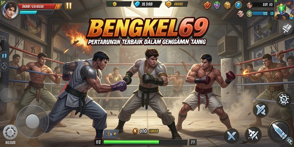 Tangkapan layar utama BENGKEL69 menampilkan aksi seru di arena pertarungan.
