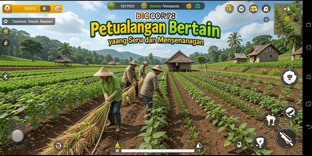 Tampilan gameplay seru dalam <strong>BIGCOR78</strong> menunjukkan aktivitas bertani dan berkebun.