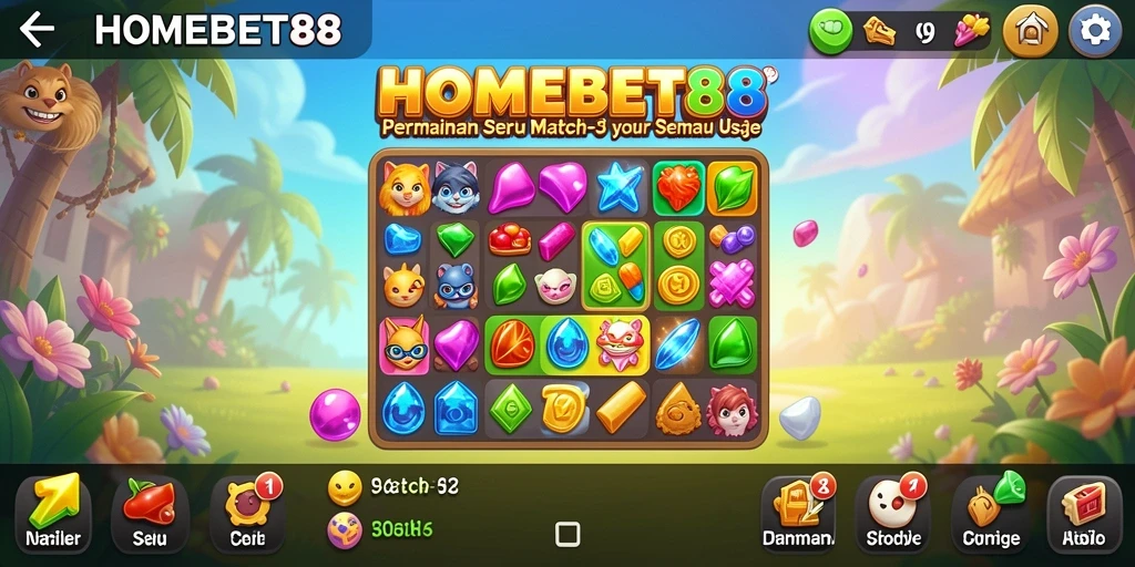 Screenshot gameplay HOMEBET88 menampilkan aksi seru Match-3 yang penuh warna.