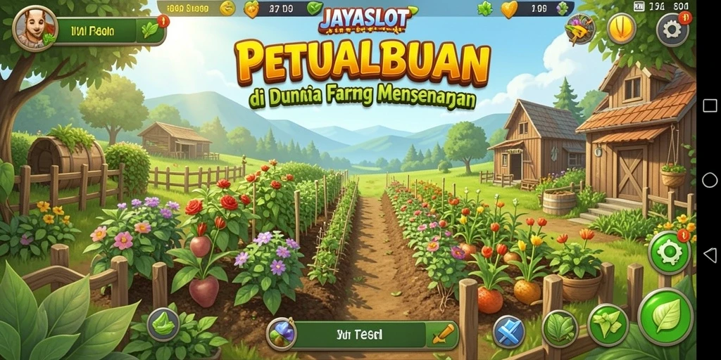 Tangkapan layar gameplay <strong>JAYASLOT</strong> menunjukkan kebun yang indah dan aktivitas pertanian yang seru.