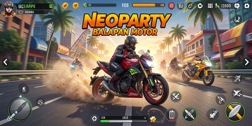 Screenshot gameplay NEOPARTY yang menunjukkan aksi balap motor yang intens.