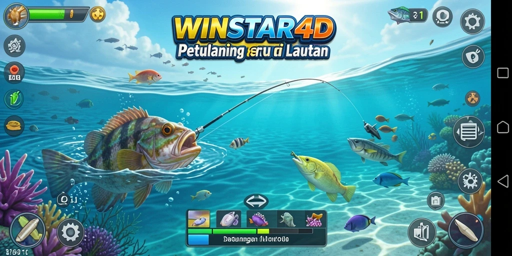 Tampilan gameplay WINSTAR4D menampilkan petualangan memancing yang seru di lautan.